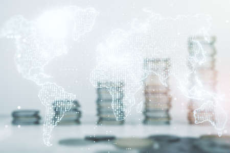 Multi exposure of abstract creative digital world map hologram on stacks of coins background, tourism and traveling conceptの写真素材