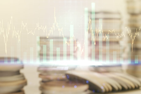 Double exposure of abstract creative financial chart hologram on growing stacks of coins background,...