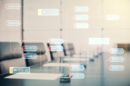Multi exposure of abstract software development hologram on a modern meeting room background,...