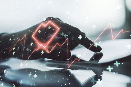 Double exposure of creative abstract heart rate hologram and finger clicks on a digital tablet on...