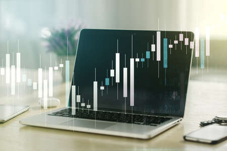 Multi exposure of abstract creative financial chart on computer background, research and analytics conceptの写真素材