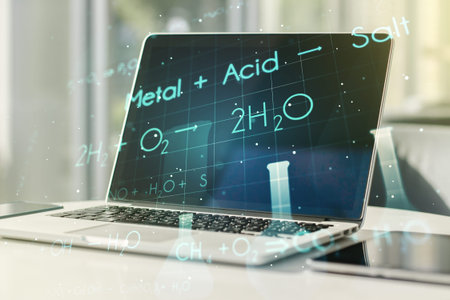 Creative chemistry hologram on modern laptop background, pharmaceutical research concept....