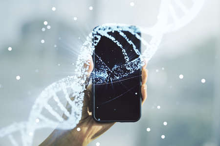 Creative DNA sketch and hand with cellphone on background, biotechnology and genetic concept. Multiexposureの写真素材