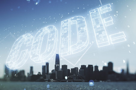 Code word hologram on San Francisco cityscape background, international software development...