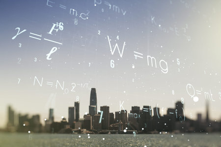 Double exposure of scientific formula hologram on San Francisco city skyscrapers background,...