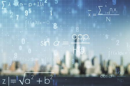 Scientific formula hologram on blurry office buildings background, research concept. Multiexposure