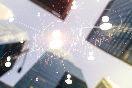 Abstract virtual social network hologram on modern architecture background. Double exposure