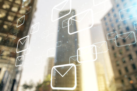 Abstract virtual postal envelopes sketch on blurry cityscape background, e-mail and marketing...
