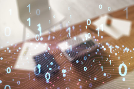 Creative abstract binary code hologram and modern desktop with pc on background, AI and machine...