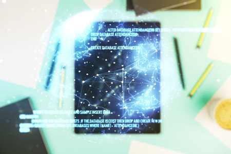 Multi exposure of abstract graphic coding sketch with world map and modern digital tablet on desktop...