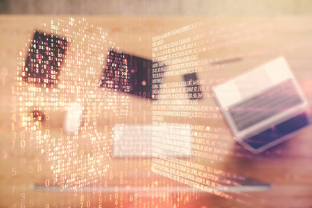 Creative code skull sketch on modern laptop background, theft of personal data and malware concept. Multiexposureの写真素材