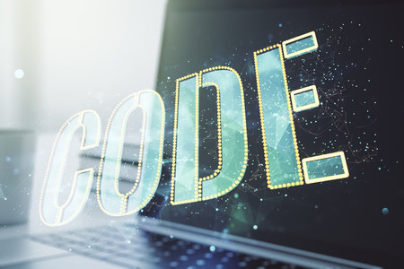 Creative Code word sign on modern computer background, international software development concept. Multiexposureの写真素材