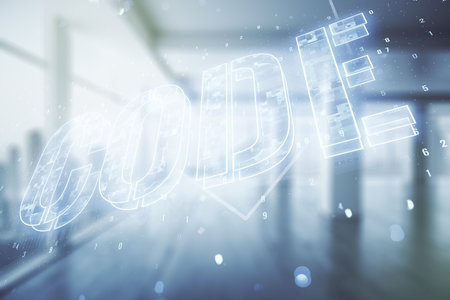 Code word hologram on modern interior background, international software development concept. Multiexposureの写真素材