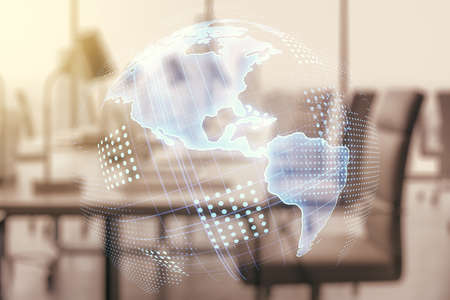 Double exposure of graphic America map hologram on a modern furnished office interior background, big data and digital technology conceptの写真素材