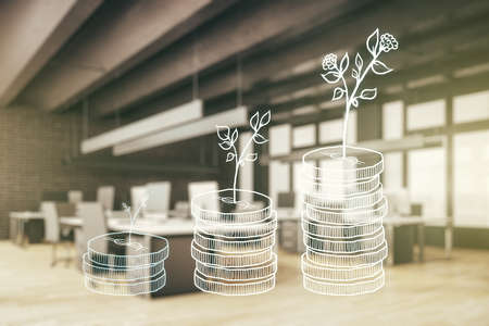 Virtual cash savings illustration on a modern furnished office background. Retirement savings and capital increase concept. Multiexposureの写真素材