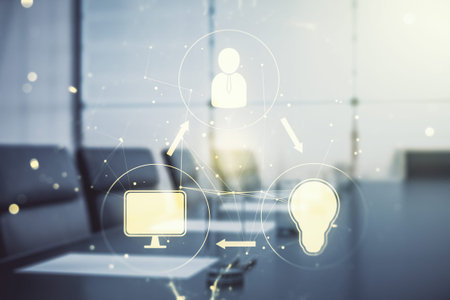 Double exposure of social network icons hologram on a modern boardroom background. Networking...