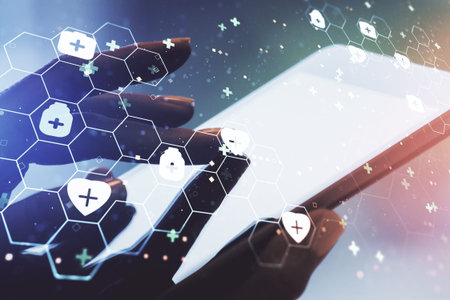 Creative concept of abstract medical illustration and finger clicks on a digital tablet on...