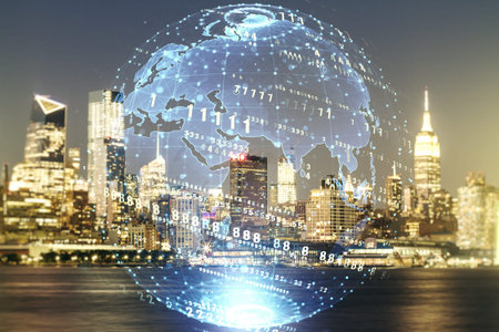 Double exposure of abstract creative programming illustration and world map on New York city office...