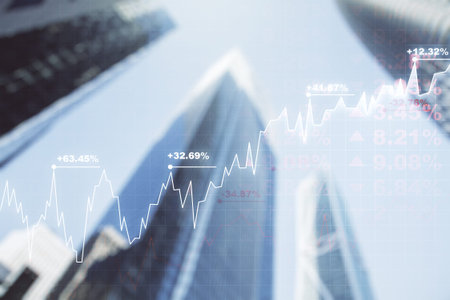 Multi exposure of abstract financial graph on office buildings background, forex and investment...