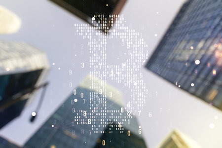 Double exposure of creative Bitcoin symbol hologram on blurry cityscape background. Mining and blockchain conceptの写真素材