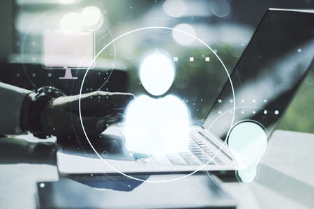 Social network media concept with hands typing on computer keyboard on background. Double exposureの写真素材