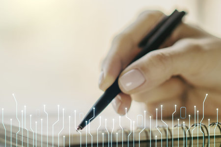 Creative abstract micro circuit sketch and woman hand writing in notepad on background, future...