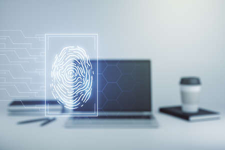 Abstract creative fingerprint concept on modern laptop background. Multiexposureの写真素材