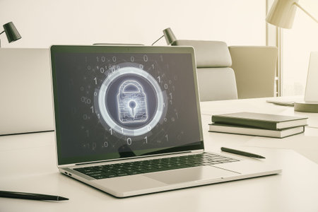 Creative idea concept with lock symbol and microcircuit illustration on modern laptop screen....
