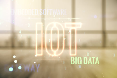 Double exposure of abstract virtual IOT hologram on empty modern office background, research and...