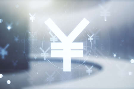 Double exposure of abstract virtual Japanese Yen symbol hologram on empty modern office background. Banking and investing conceptの写真素材