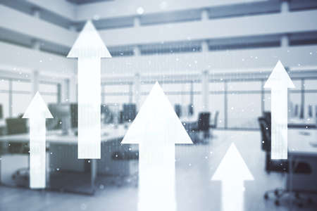 Virtual upward arrows illustration on a modern furnished office background. Breakthrough and progress concept. Multiexposureの写真素材