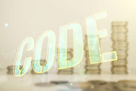 Code word hologram on growing stacks of coins background, artificial intelligence and neural networks concept. Multiexposureの写真素材
