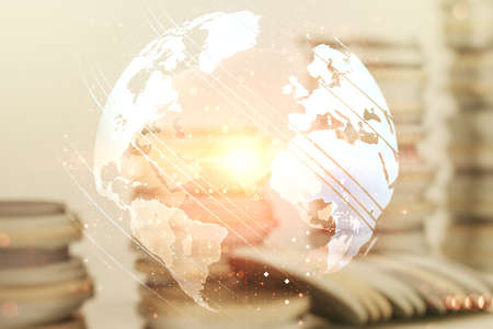 Double exposure of abstract digital world map on growing stacks of coins background, research and strategy conceptの写真素材
