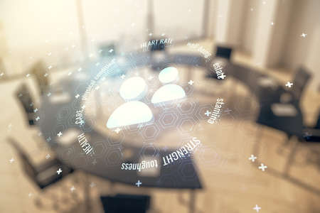 Double exposure of abstract virtual people icons hologram on a modern meeting room background. Online insurance service conceptの写真素材