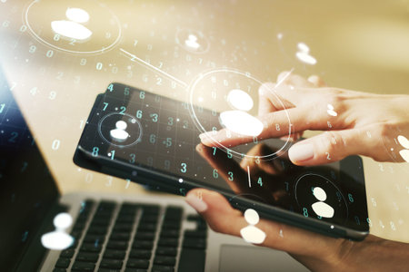Double exposure of social network icons concept with finger clicks on a digital tablet on...