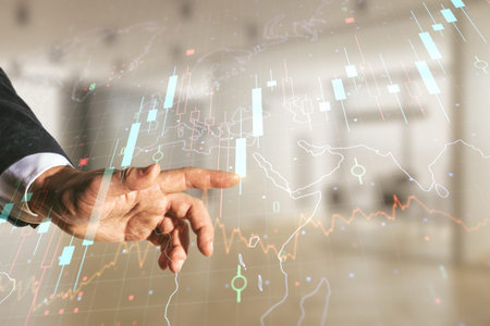 Multi exposure of trader hand presses on virtual abstract financial chart and world map on blurred...