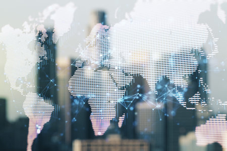 Multi exposure of abstract creative digital world map hologram on blurry cityscape background,...