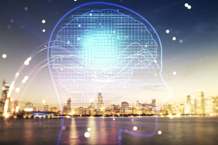 Double exposure of creative human head microcircuit hologram on Chicago office buildings background....