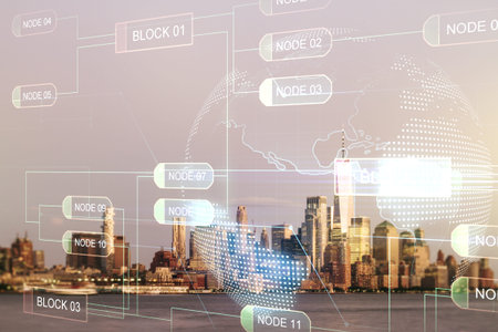Abstract virtual coding concept and world map hologram on New York city skyline background....