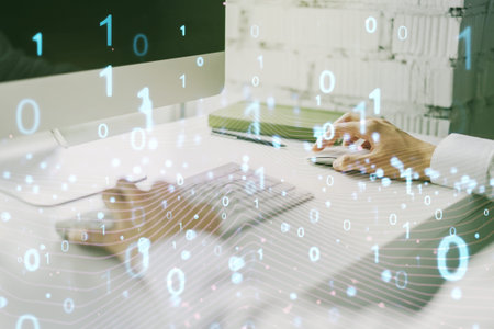 Creative abstract binary code hologram and hands typing on computer keyboard on background, AI and...