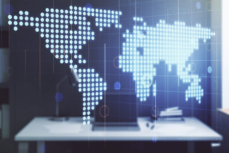 Double exposure of abstract digital world map and modern desk with computer on background, big data...