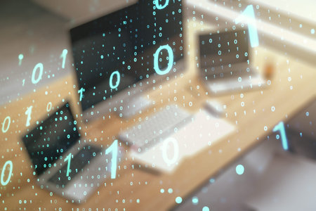 Creative abstract binary code sketch and modern desk with computer on background, hacking and matrix...