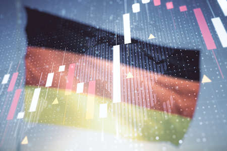 Double exposure of abstract creative financial diagram and world map on flag of Germany and blue sky background, banking and accounting conceptの写真素材