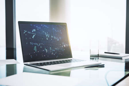 Creative scientific formula illustration on modern computer monitor, science and research concept. 3D Renderingの写真素材