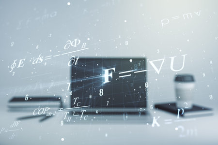 Double exposure of creative scientific formula concept on laptop background, research and...