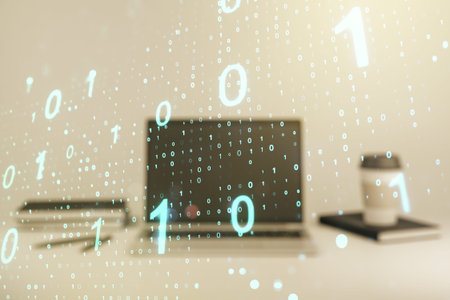 Creative abstract binary code hologram on modern computer background, AI and machine learning...