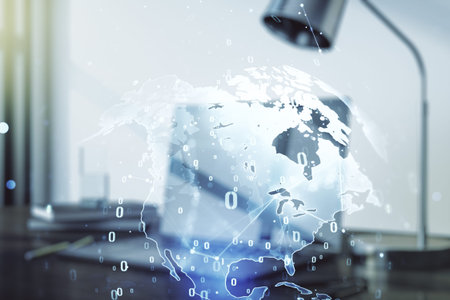 Multi exposure of abstract software development hologram with world map on laptop background, global...