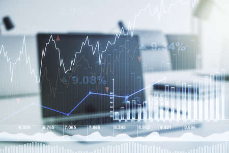 Multi exposure of abstract financial diagram on computer background, banking and accounting conceptの写真素材