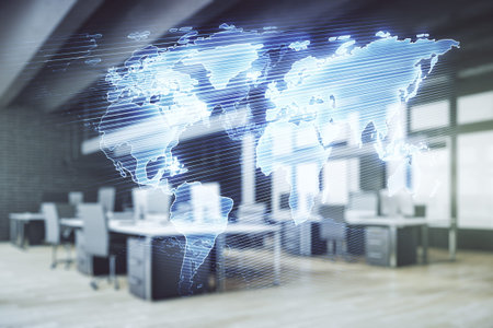 Abstract creative digital world map on a modern furnished classroom background, globalization concept. Multiexposureの写真素材