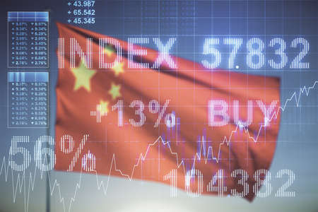 Multi exposure of virtual abstract financial graph interface on Chinese flag and sunset sky background, financial and trading conceptの写真素材